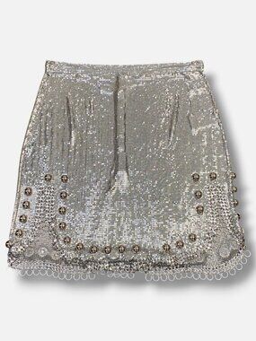 Rabanne Women's Silver Paillette Metal Ball Trim High-Waisted Skirt Size 36